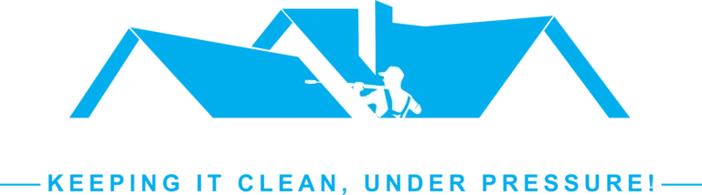 Person pressure washing roof with blue house silhouette