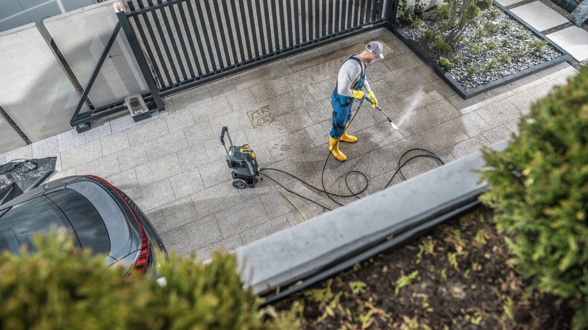 Person using pressure washer to clean outdoor patio near car and plants